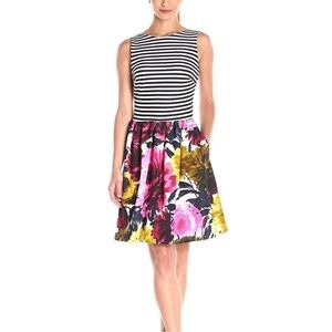 Just Taylor Black White Stripe Top and Florah Print A-Line Dress Size 14 Women's